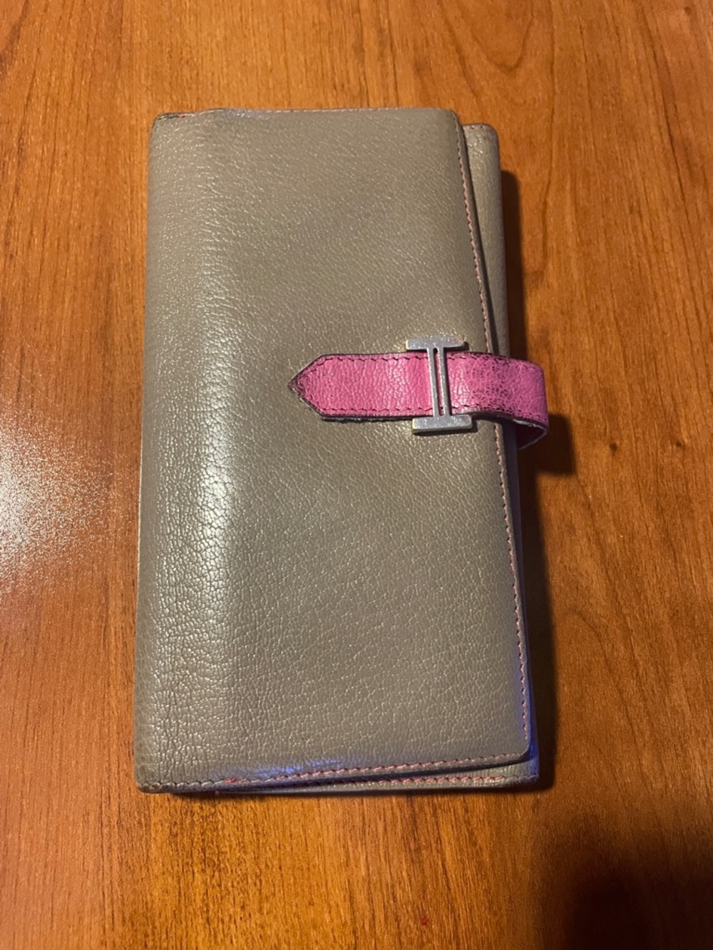 Hermes Taupe Leather Wallet with Pink Strap